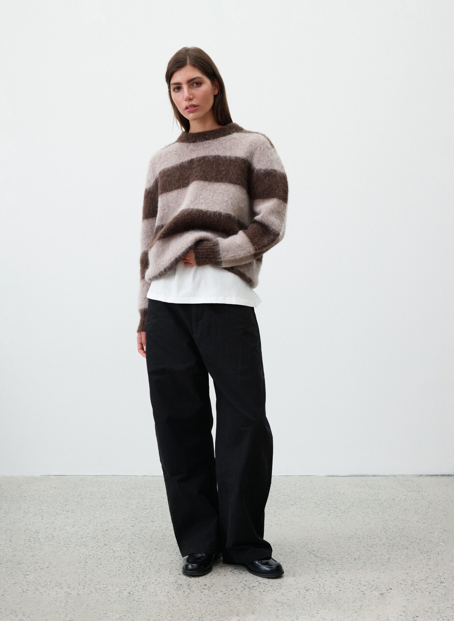 Wool Mohair Striped Knit Sweater - Mocha