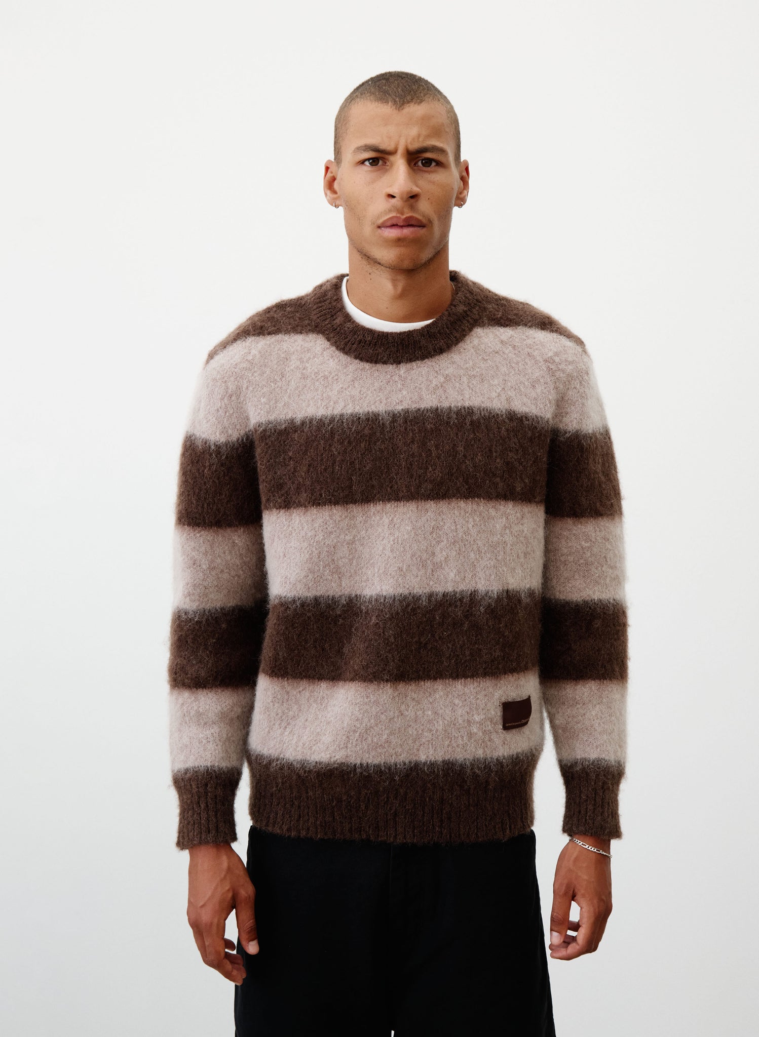 Wool Mohair Striped Knit Sweater - Mocha
